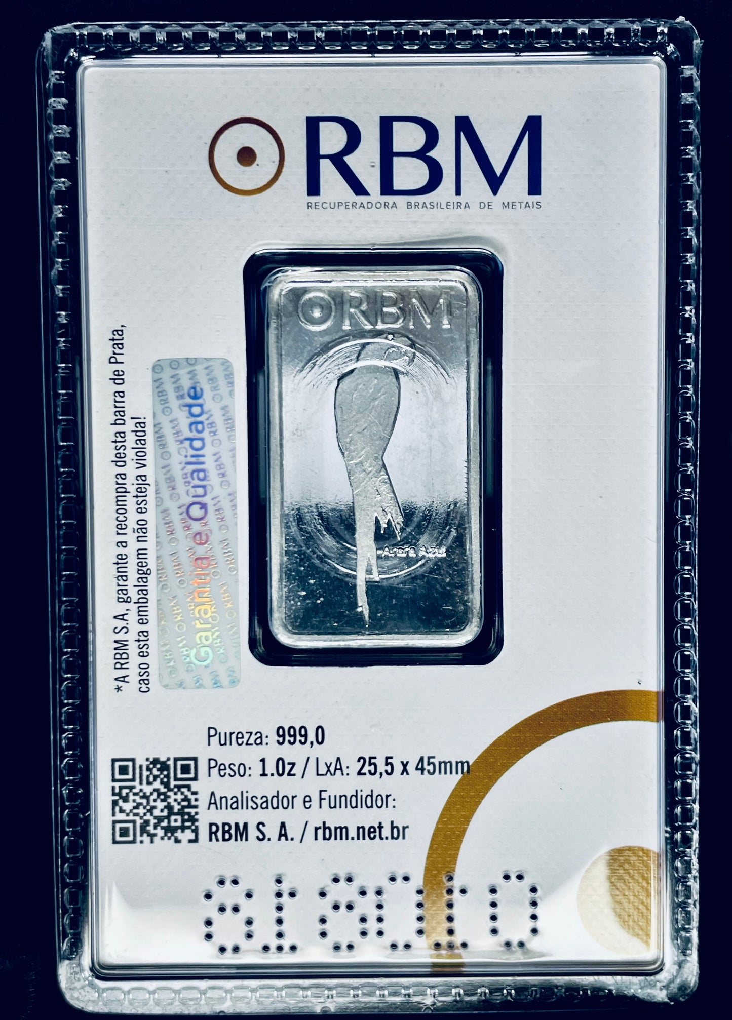 BARRA PRATA (Ag) Pura 99,9% de 1.Oz